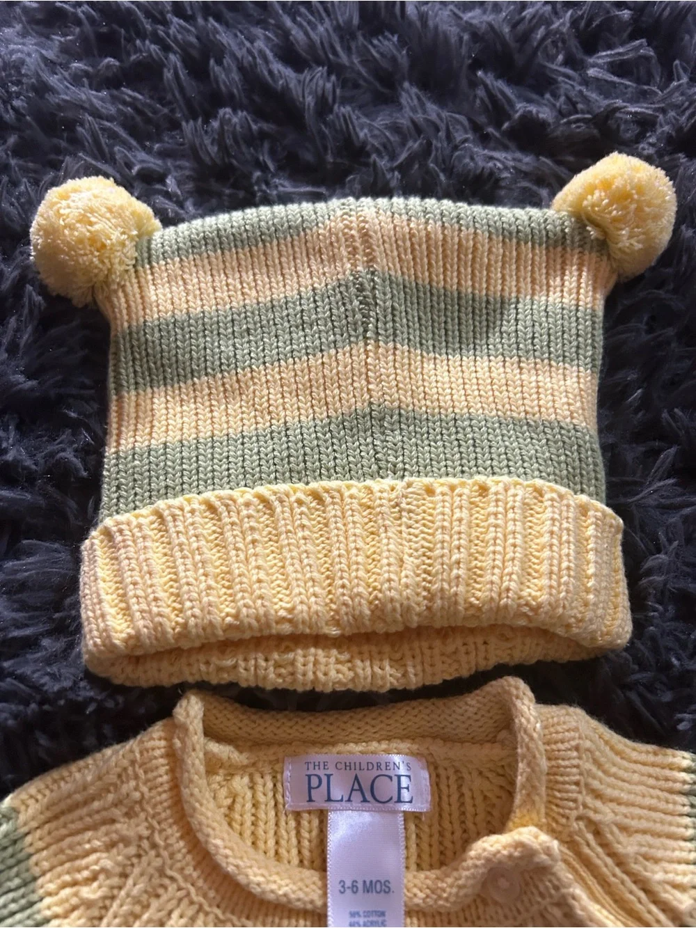 The Children's Place Yellow & Olive Striped Knit Sweater and Pom Hat Set